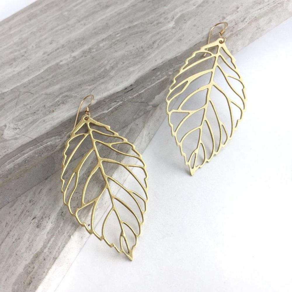 14K gold/Sterling Large Leaf cut out Earrings